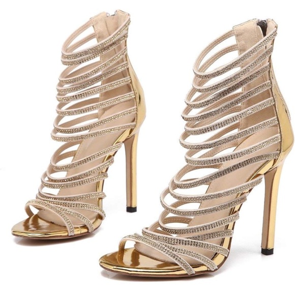 Woman High Stiletto Heel Dress Gladiator Peep Toe Sandals Gold size 8 - Picture 9 of 9